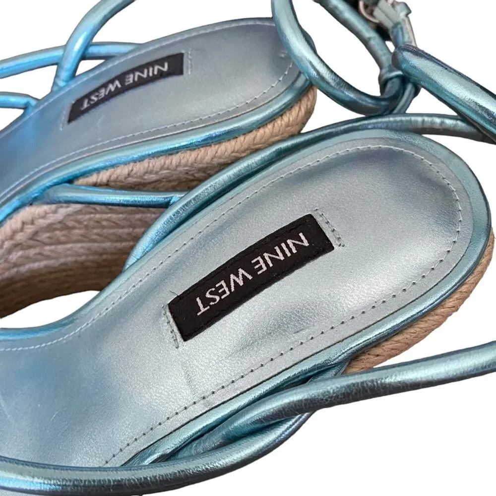 Nine West Hipsta3 Metallic Light Blue Wedge Sandals size 7.5 NWOB
